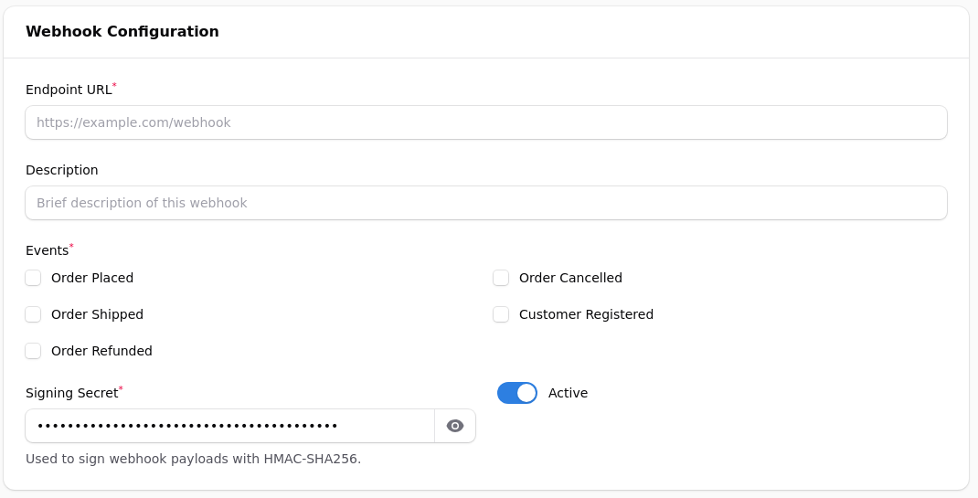 Creating a webhook: the endpoint, the events, and the signing secret